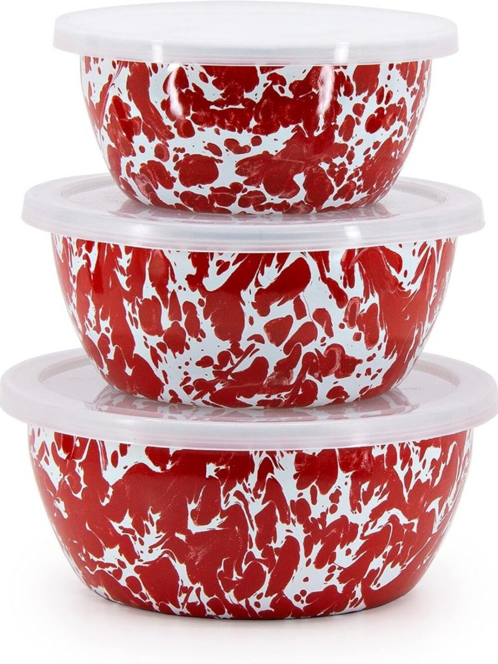 Set of 3 Red Swirl Enamel Nesting Storage Bowls with Lids - Stylish & Durable